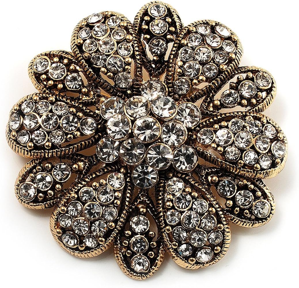 Amazon | ヴィンテージスワロフスキークリスタル花柄ブローチ
