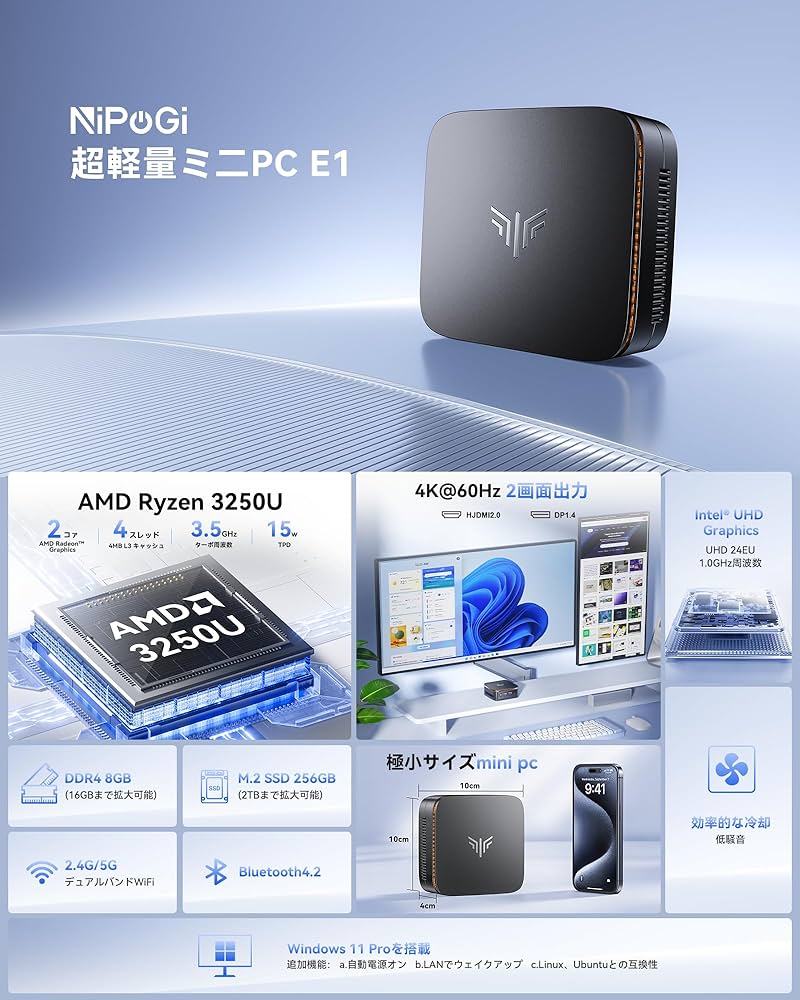 Amazon.co.jp: NiPoGi ミニpc Ryzen 3250U 【2026新モデル・業界超ミニ