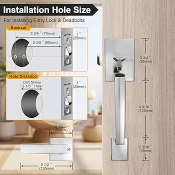 Azdele Front Door Handle Silver Set, Entry Satin Nickel Door