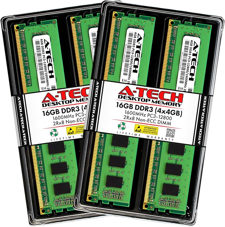 A-Tech 16GB (4 x 4GB) DDR3 1600MHz PC3-12800 Desktop RAM Kit | Non