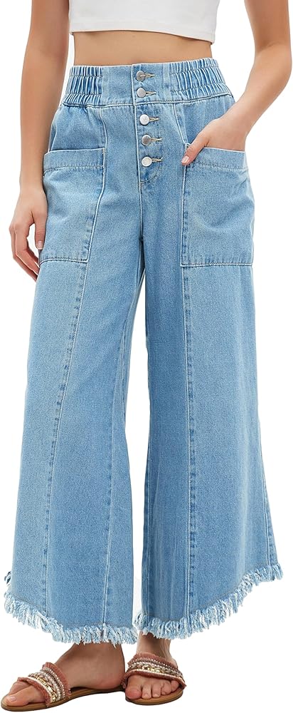 LifeShe Women's Baggy Wide Leg Jeans Elastic Waisted Cropped Denim