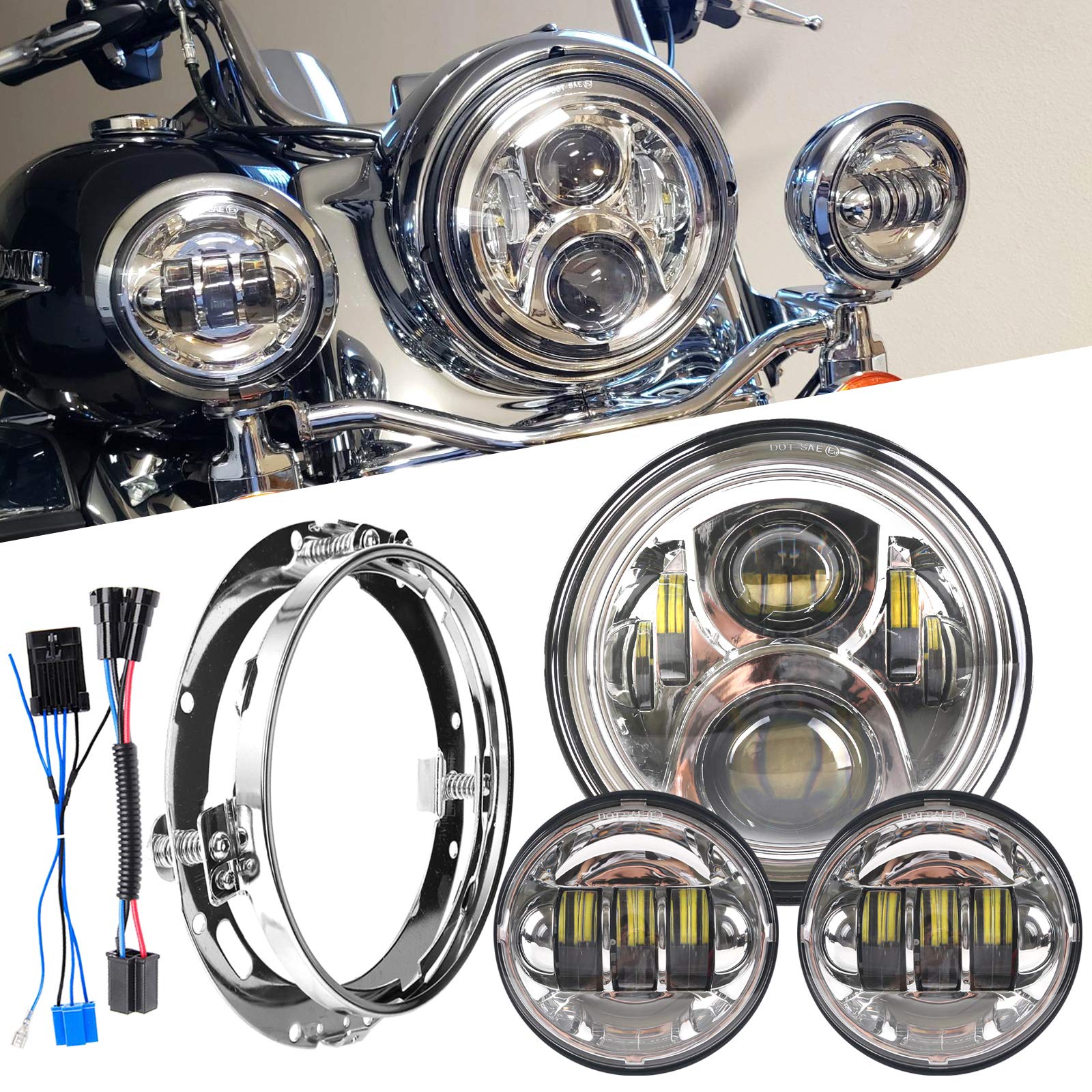 Amazon | オートバイ 7インチLEDヘッドライト、4.5インチフォグライト