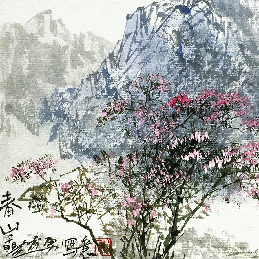 Amazon.co.jp: 風景画 山水画 手描き中国水墨画 色紙作品 手描り絵画