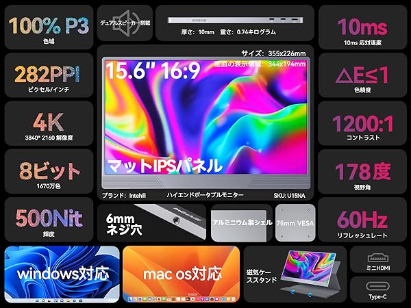 Amazon.co.jp: Intehill モバイルモニター 4k 15.6インチ サブモニター