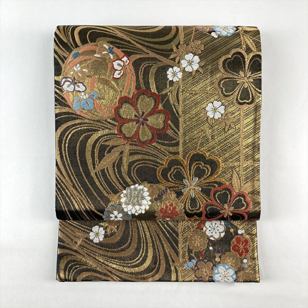 袋帯 名品 向鳥 華文 螺鈿 金彩 金色 お太鼓柄 正絹 中古 袋帯 名品