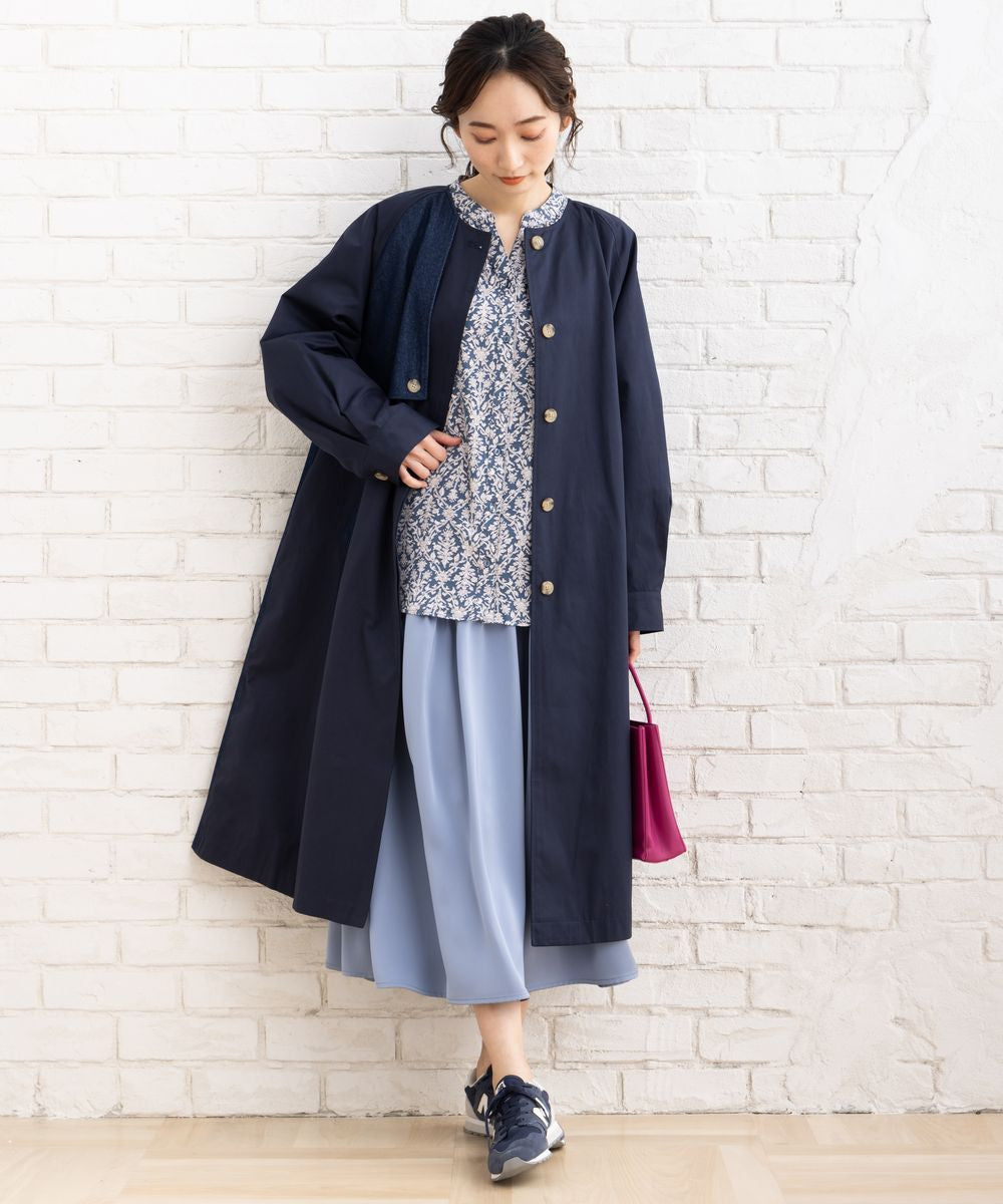 大きいサイズ レディース ノーカラーコート ロング丈 デニム切替