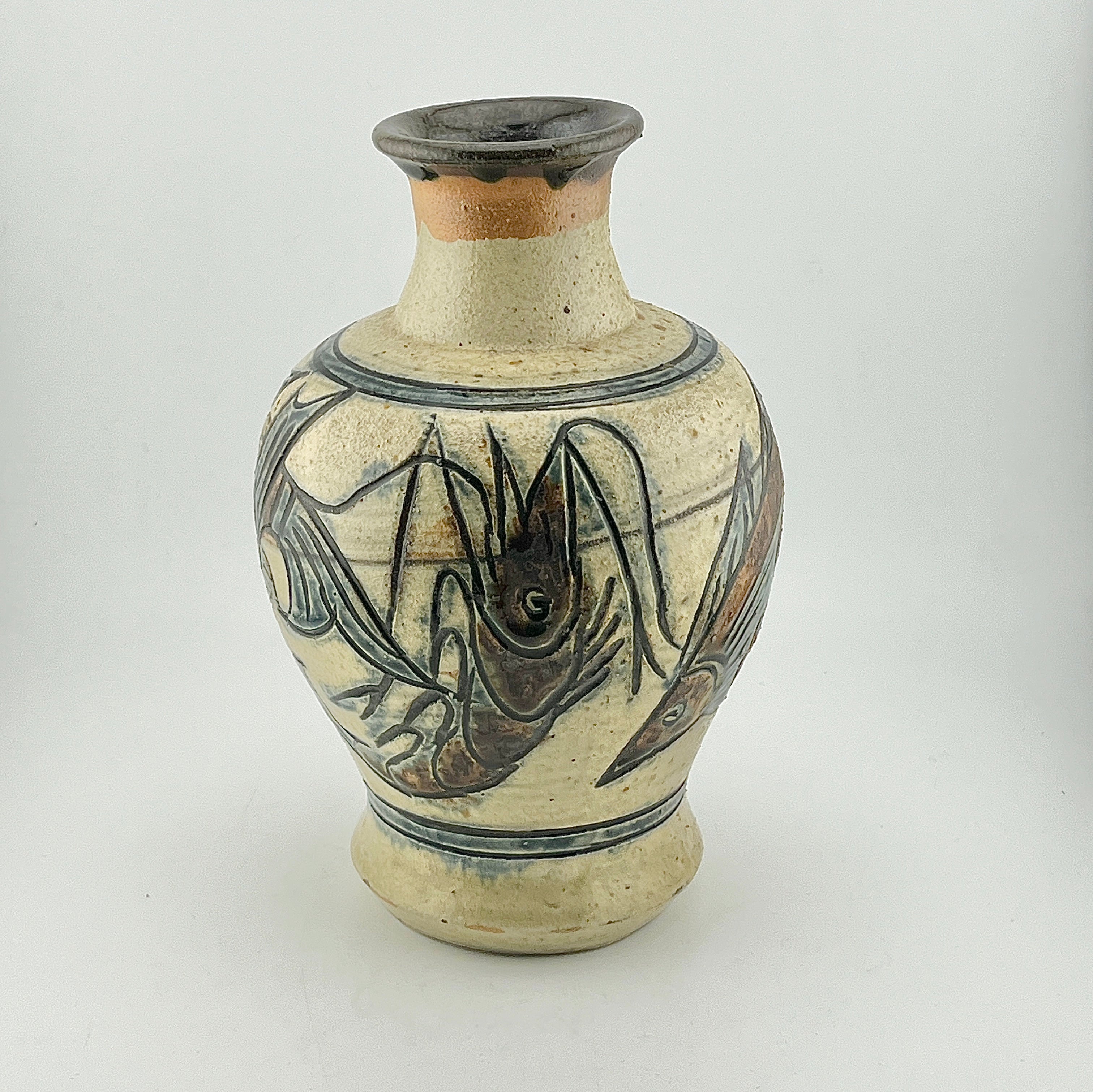 本物保証】金城次郎 魚紋角瓶 共箱 栞 人間国宝 壺屋焼 希少魚6匹 h24