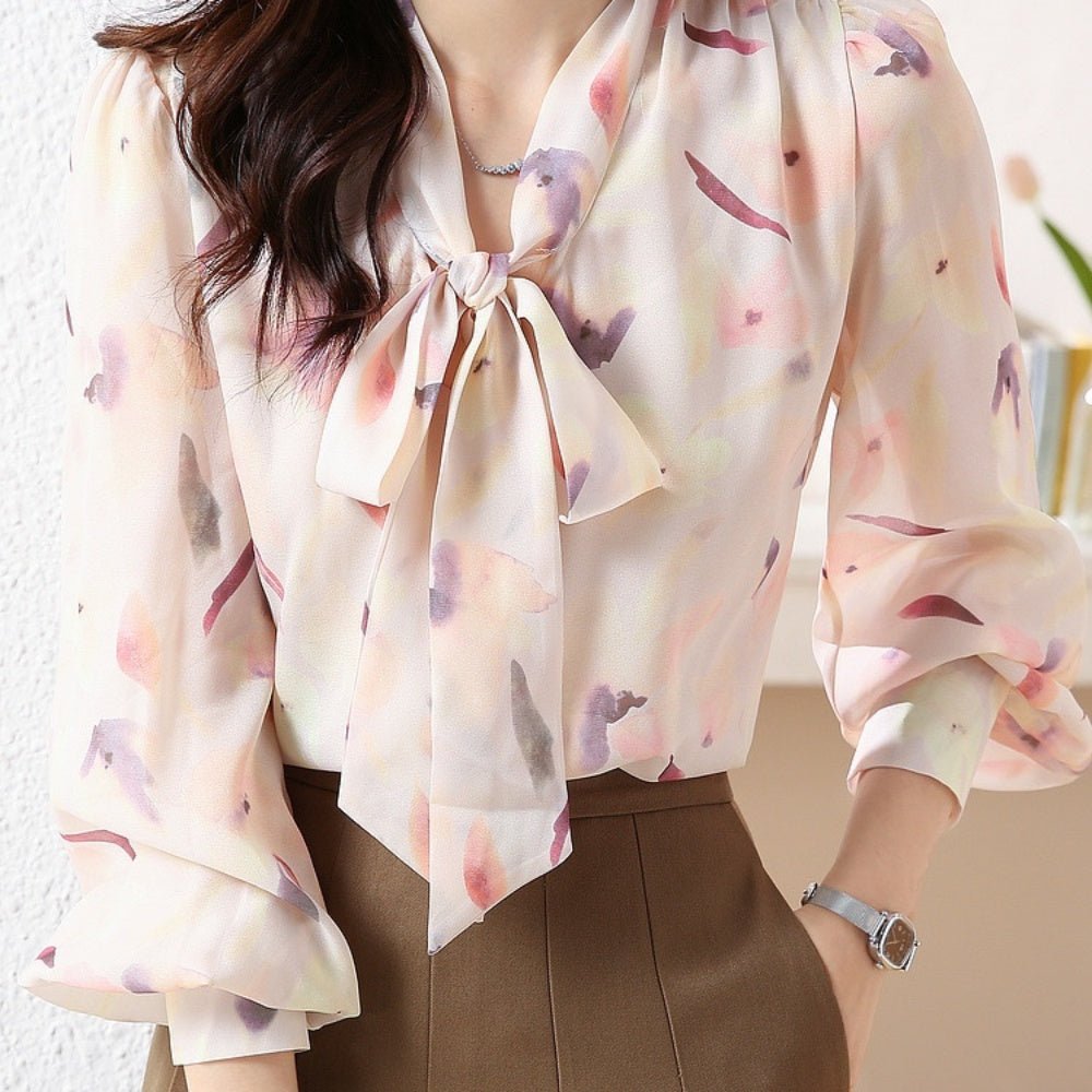 水彩花柄リボンブラウス｜オフィスカジュアル レディース 通販