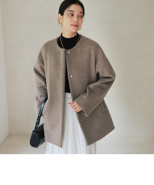 size SHORTあり］アンゴラビーバー ノーカラー ミドル コート