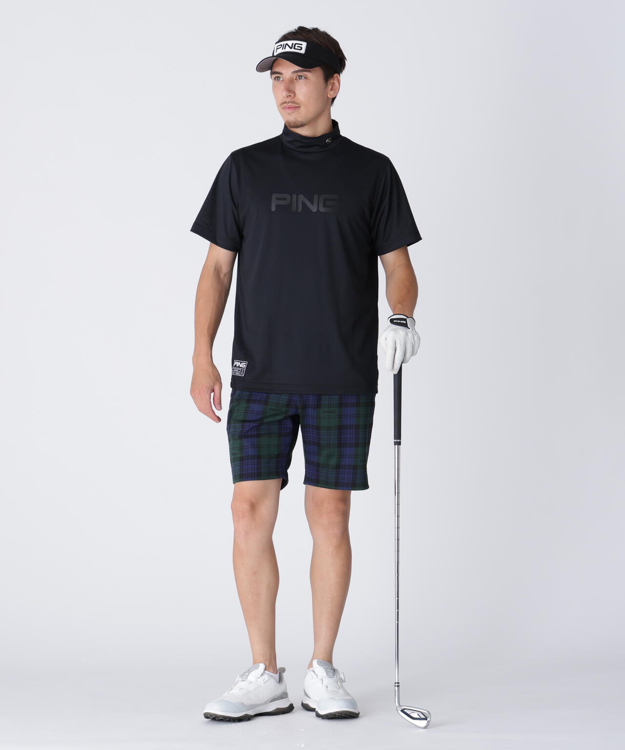 PING APPAREL】全方向ストレッチブラックウォッチショートパンツ
