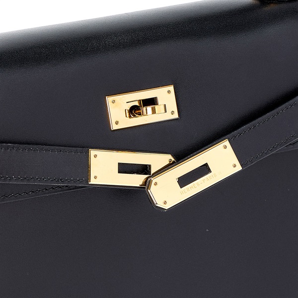 HERMES ケリー 32 □E ハンドバッグ ブラック ゴールド ボックスカーフ