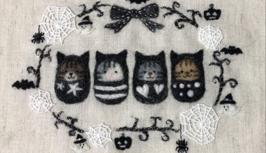 ゴーストやオバケかぼちゃのリース・ラメ糸と羊毛フェルトの刺繍