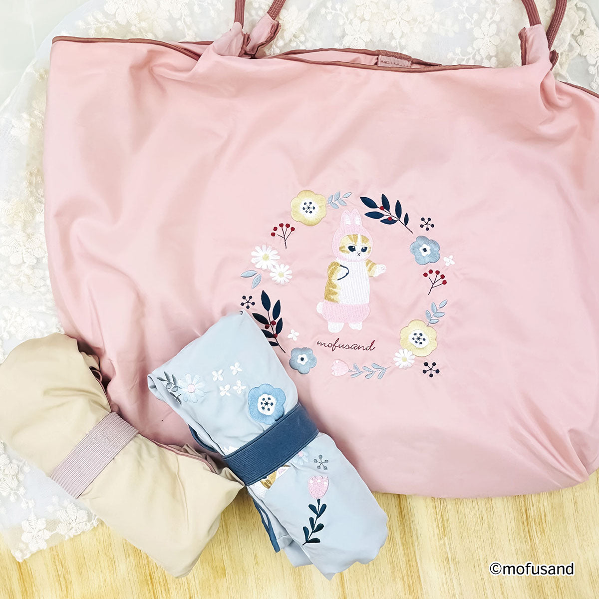 mofusand 刺繍エコバッグ ボタニカル(ピンク・うさにゃん) | mofusand