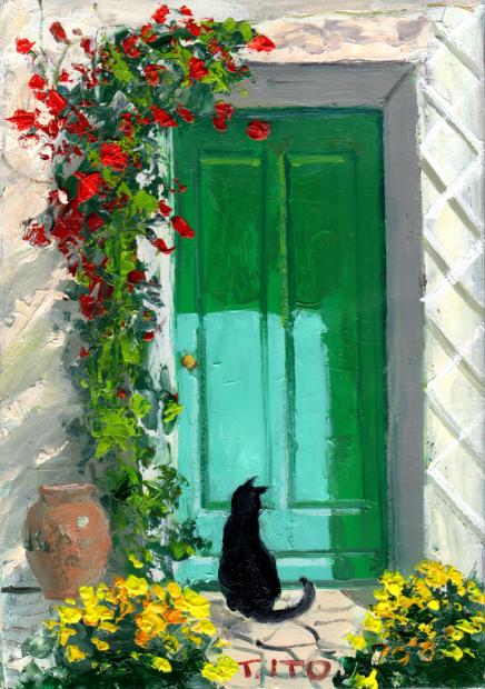 猫の絵画を油絵で描いた伊東拓実の猫の絵「緑の扉と猫」をご購入