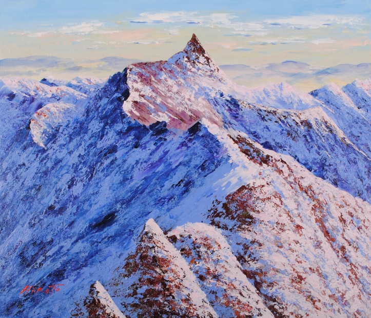 油絵の絵画で槍ヶ岳を描いた西村拡人の油絵「朝焼け」を購入