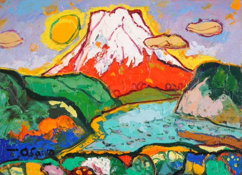 大沢武士 『赤富士』油彩画（F4号）額装 直筆サイン入り