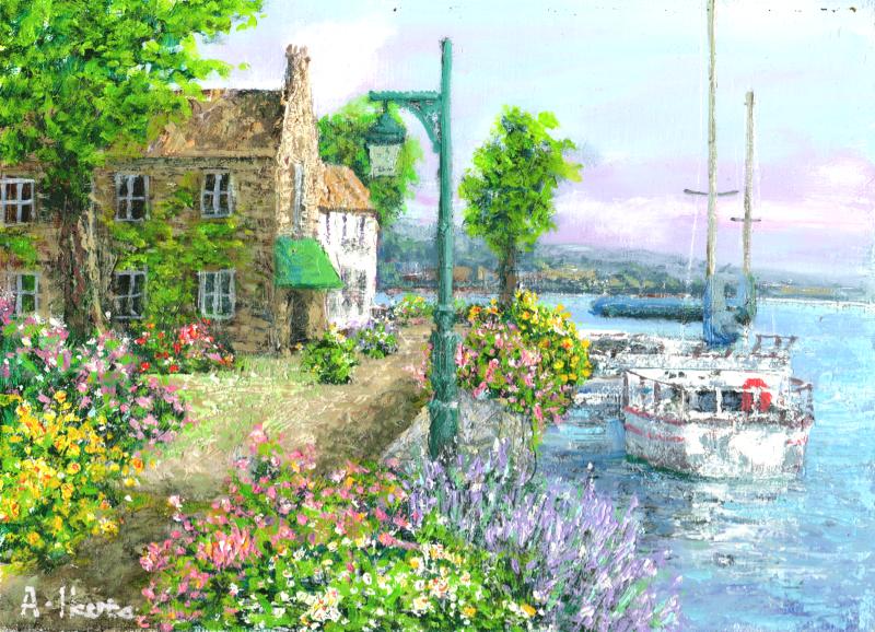 海の絵画を油絵で描いた生田明のスペインの海の絵「グラナダ」をご購入