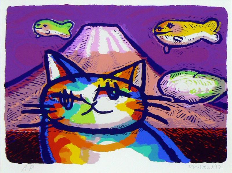 マイケル・ルーのポップアートの猫の絵画「ファジーと富士」を通販で販売