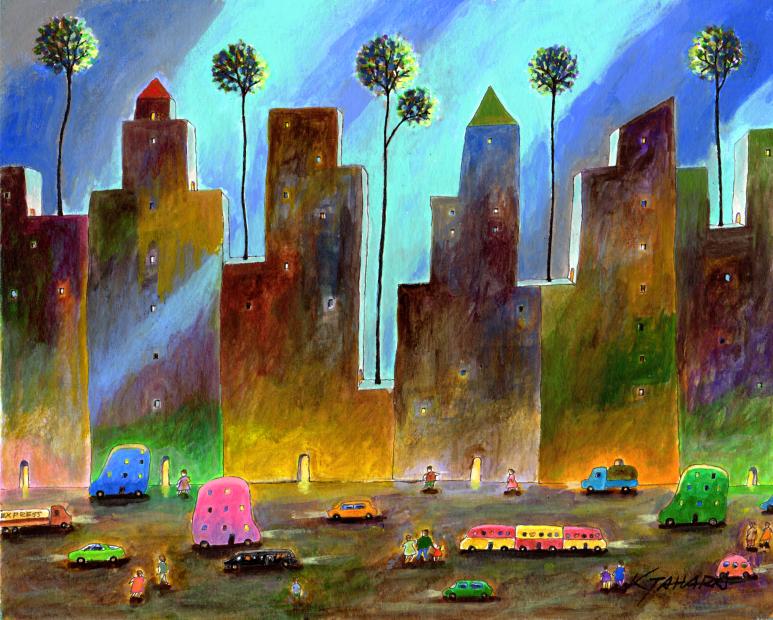 絵画のアクリル画で田原健二が描いた絵「夜の街」を通販で販売