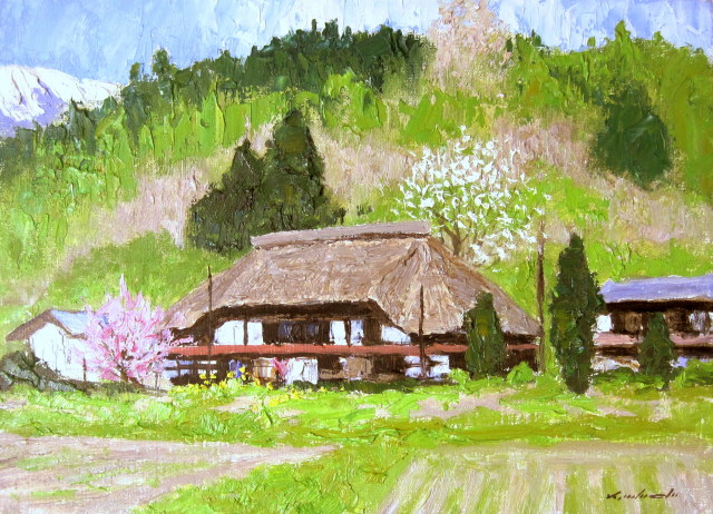信州の古民家・茅葺屋根・農家の油絵・足立一夫「農家の陽春」油彩 F4