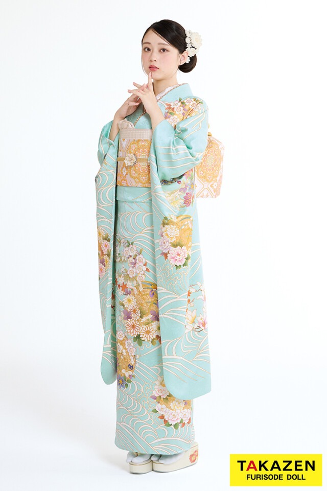 TAKAZENの振袖 /水色/古典/花柄/ プレミアム古典 吉澤織物/最高級金彩