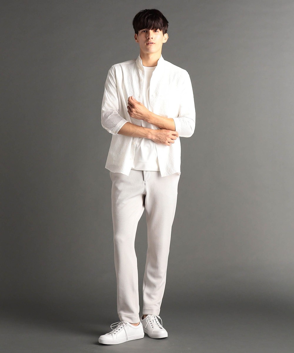 グレンチェックサッカー スタンドカラー7分袖シャツ｜5分/7分袖