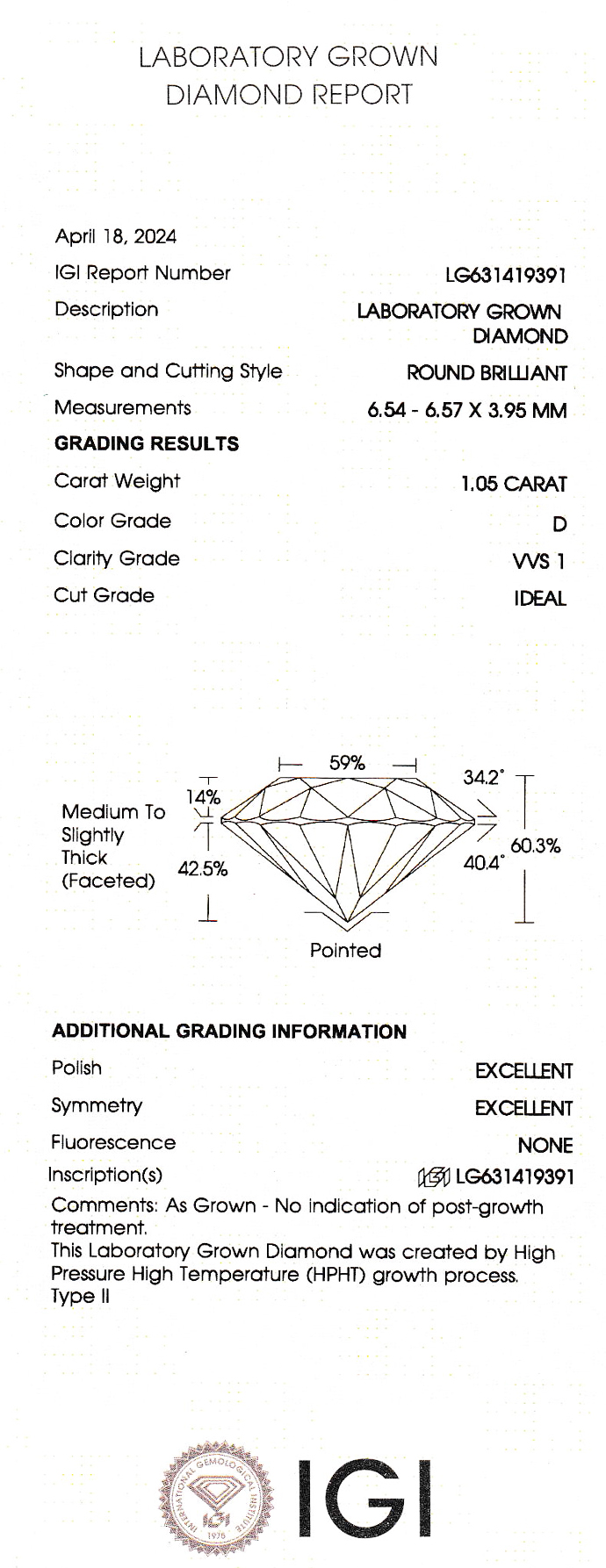 1.05ct-D-VVS1-3EXラボグロウンダイヤモンドルース(IGI鑑定書付