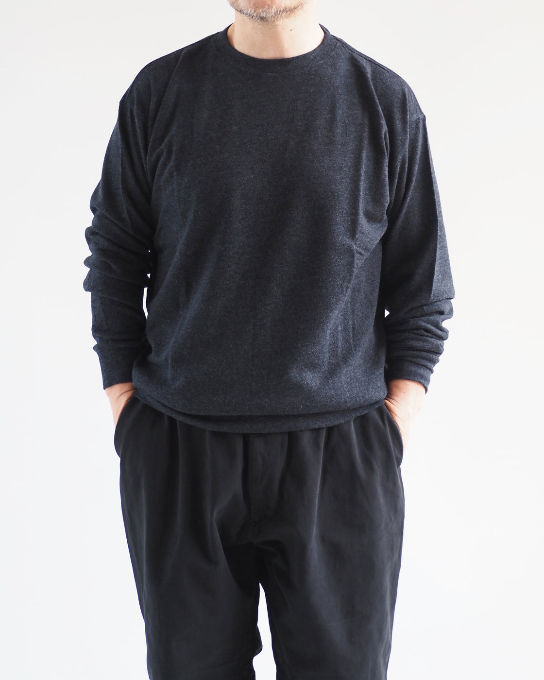 ウール天竺 長袖クルー,Charcoal – Navyblue