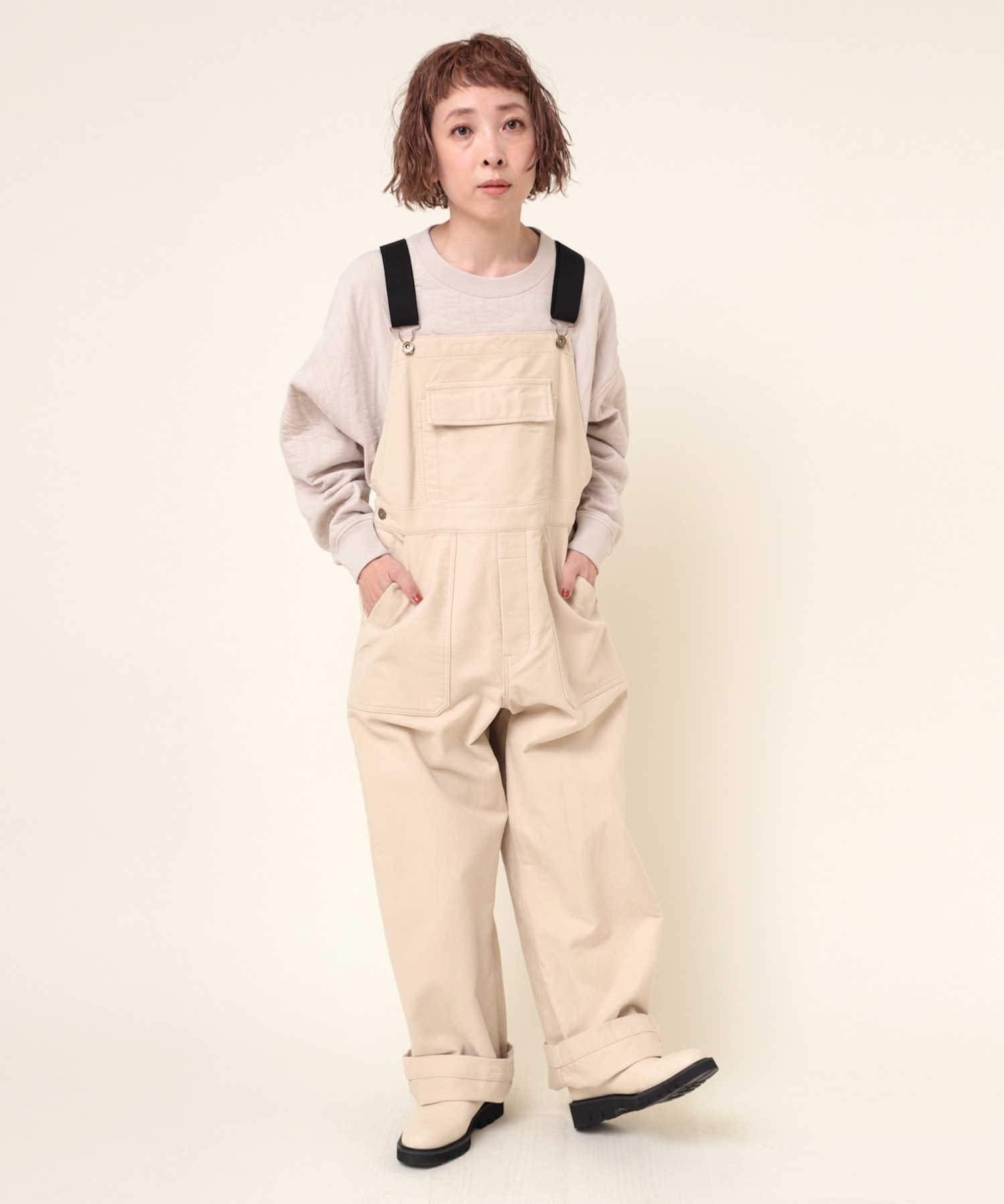 O0708 SOFT TWIST COTTONオーバーオール(M ブラック): オールインワン