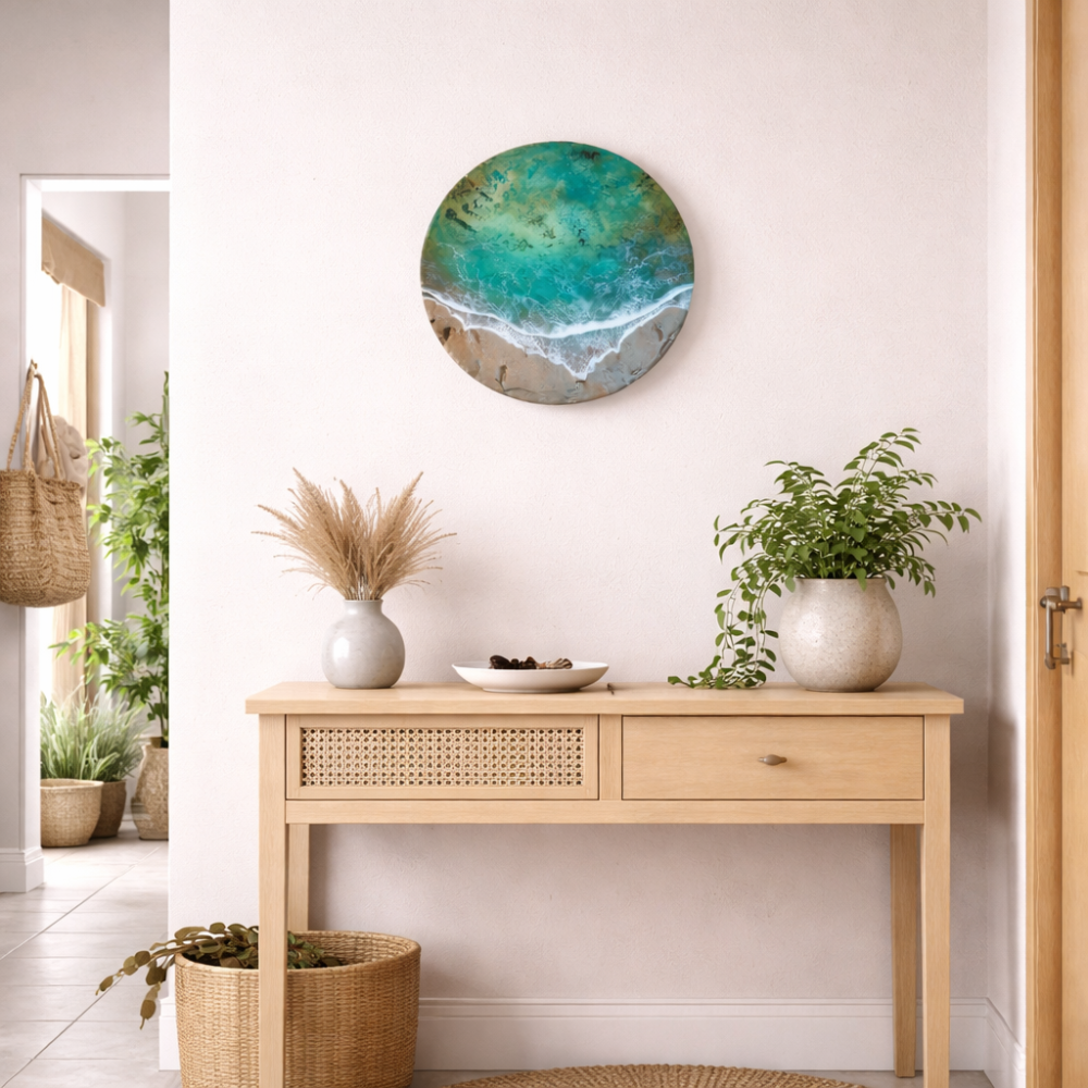 沖縄の海を閉じ込めた、沖縄ブルーの波紋レジンアートパネル｜モダン