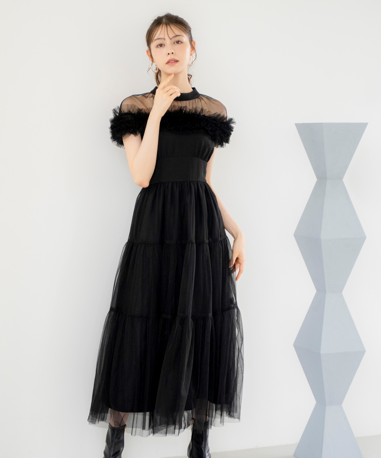 SSサイズあり】ケープチュールフリルドレス | ロングワンピース