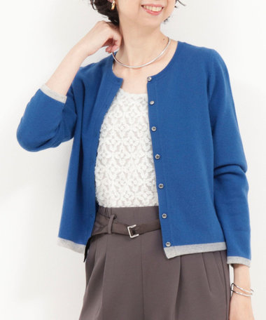 カシミヤ100 配色クルーネックカーディガン（5-0803-6-02-002）｜MICO