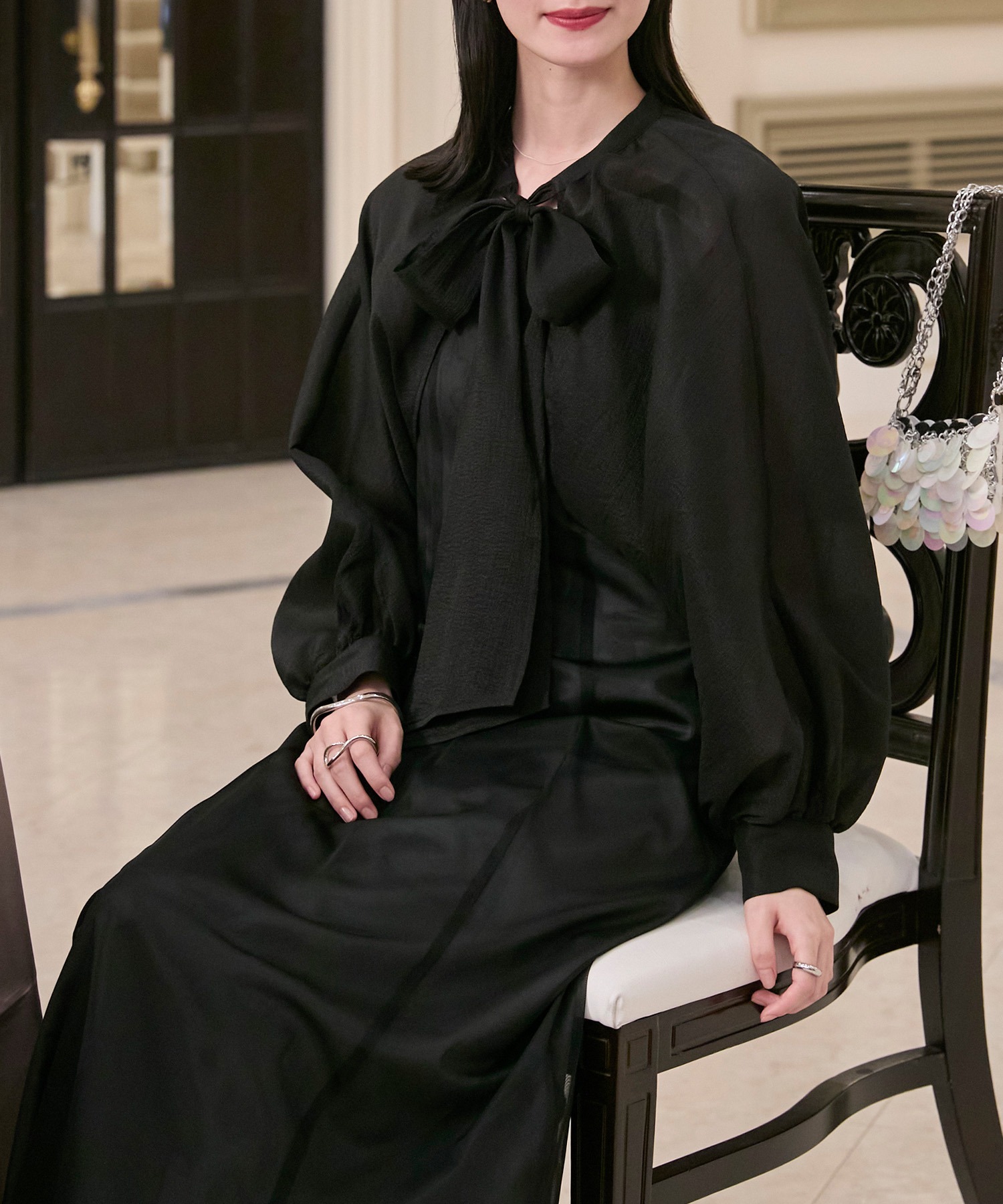 forksy.】【オケージョン対応】ボウタイリボン 袖ボリュームボレロ