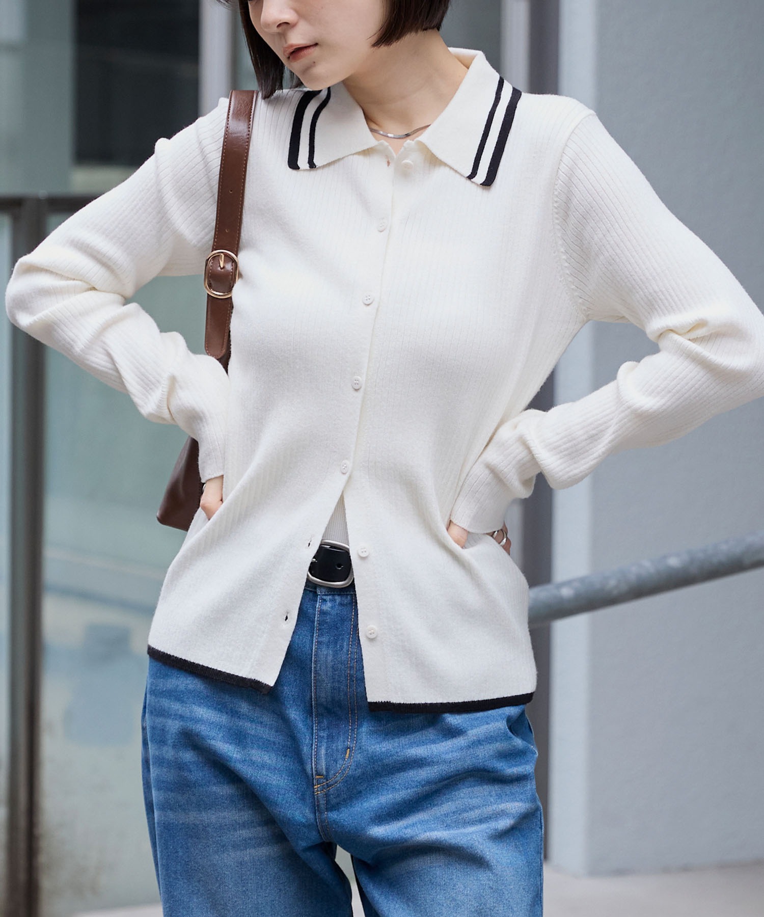 マシンウォッシャブル/アンチピリング＞配色ライン ソフトリブニット