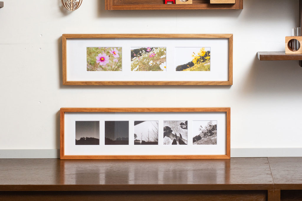 ホワイトオークとブラックチェリーの無垢材を使った、L判が3枚、まし