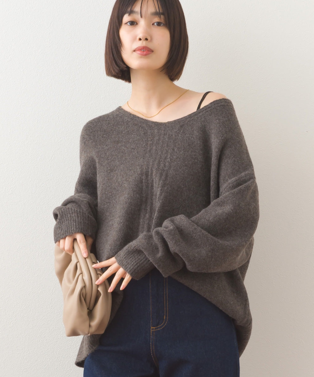OMNES】メランジ Vネック オーバーシルエットニットプルオーバー