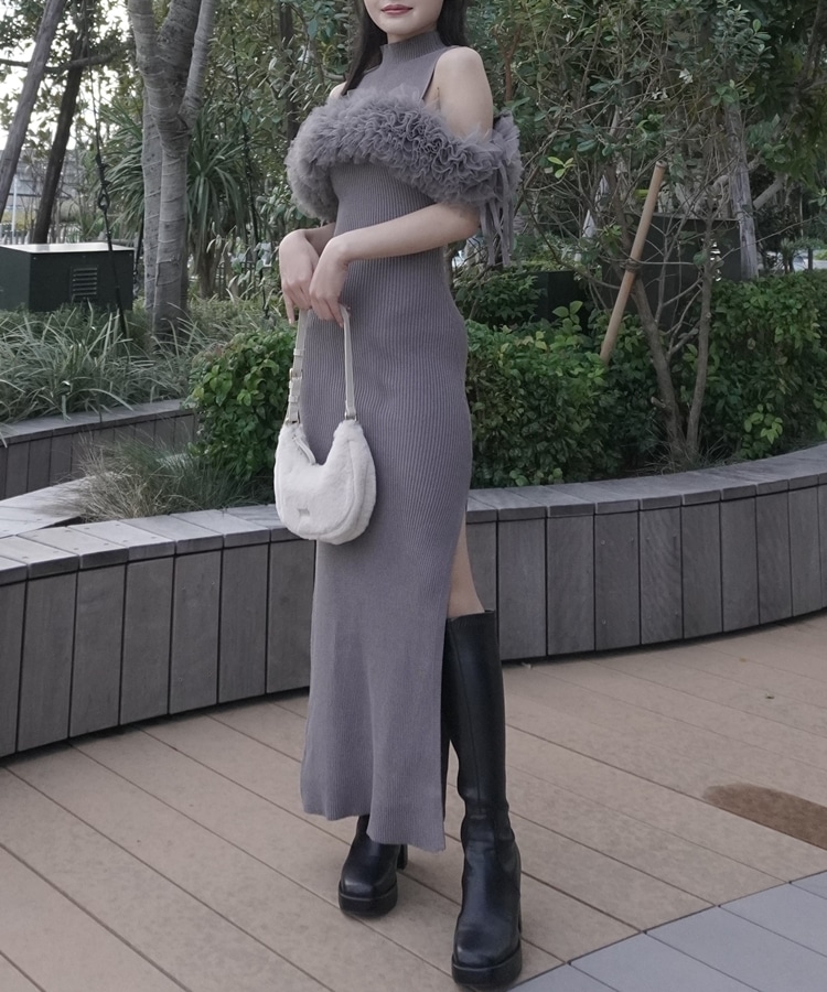 ruffle ribbon offshoulder maxi onepiece(M BEIGE): ワンピース