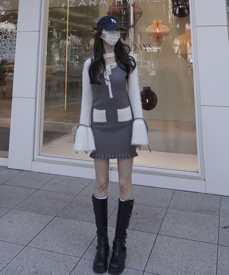 ribbon feather tops×rib onepiece set(M GREIGE): ワンピース｜PMbox