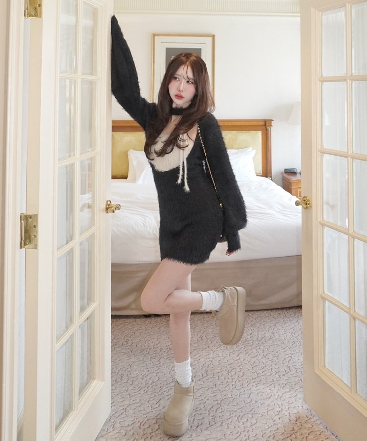 feather front cut onepiece×cable ribbon cami set(M PINK BEIGE