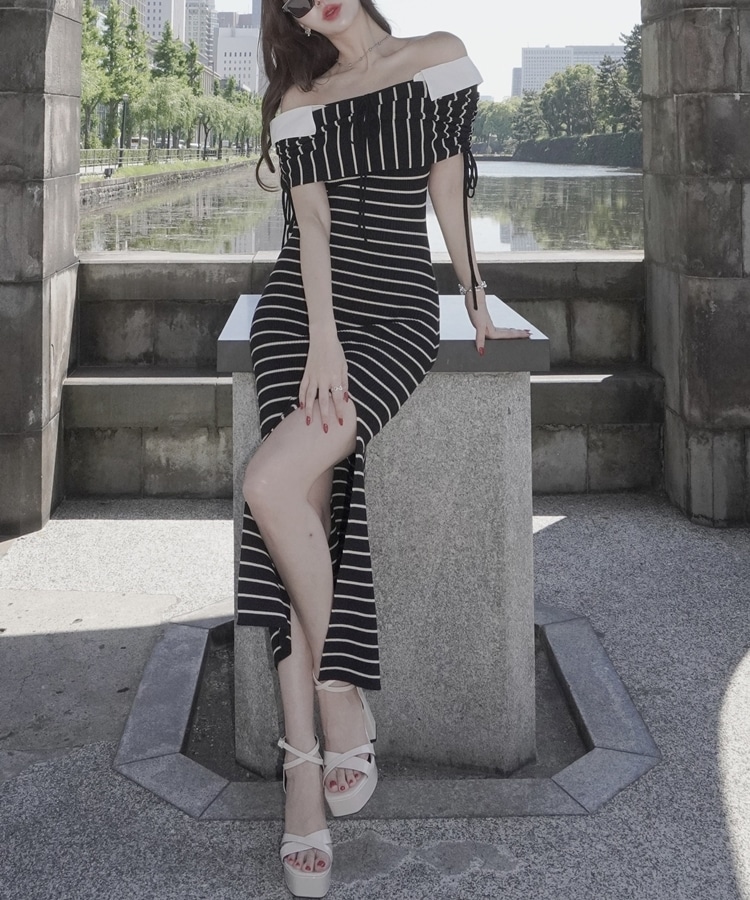 ribbon gather slit maxi onepiece(M BLACK/BEIGE): ワンピース｜PMbox