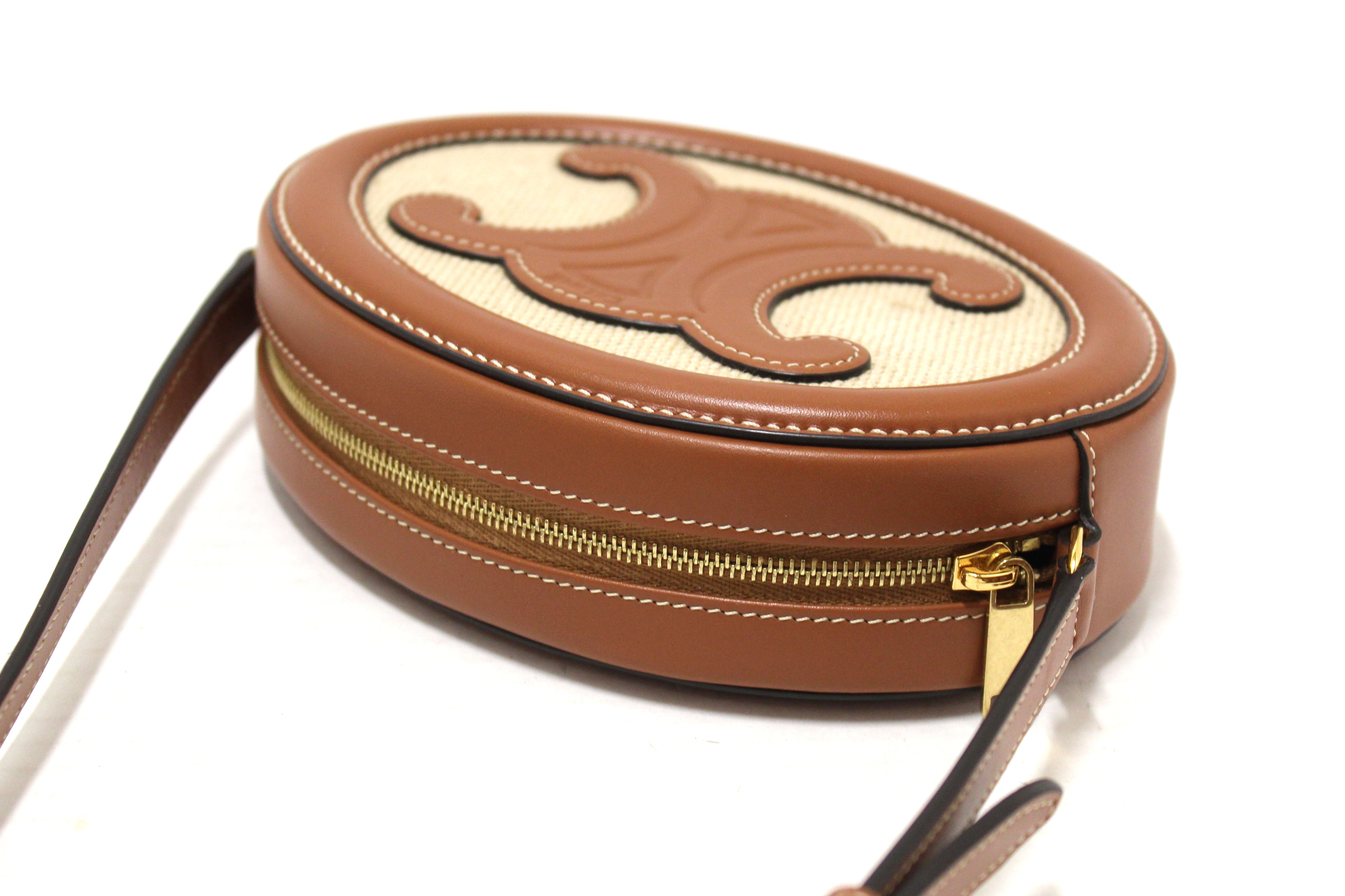 Authentic Celine Textile and Brown Leather Oval Purse Cuir