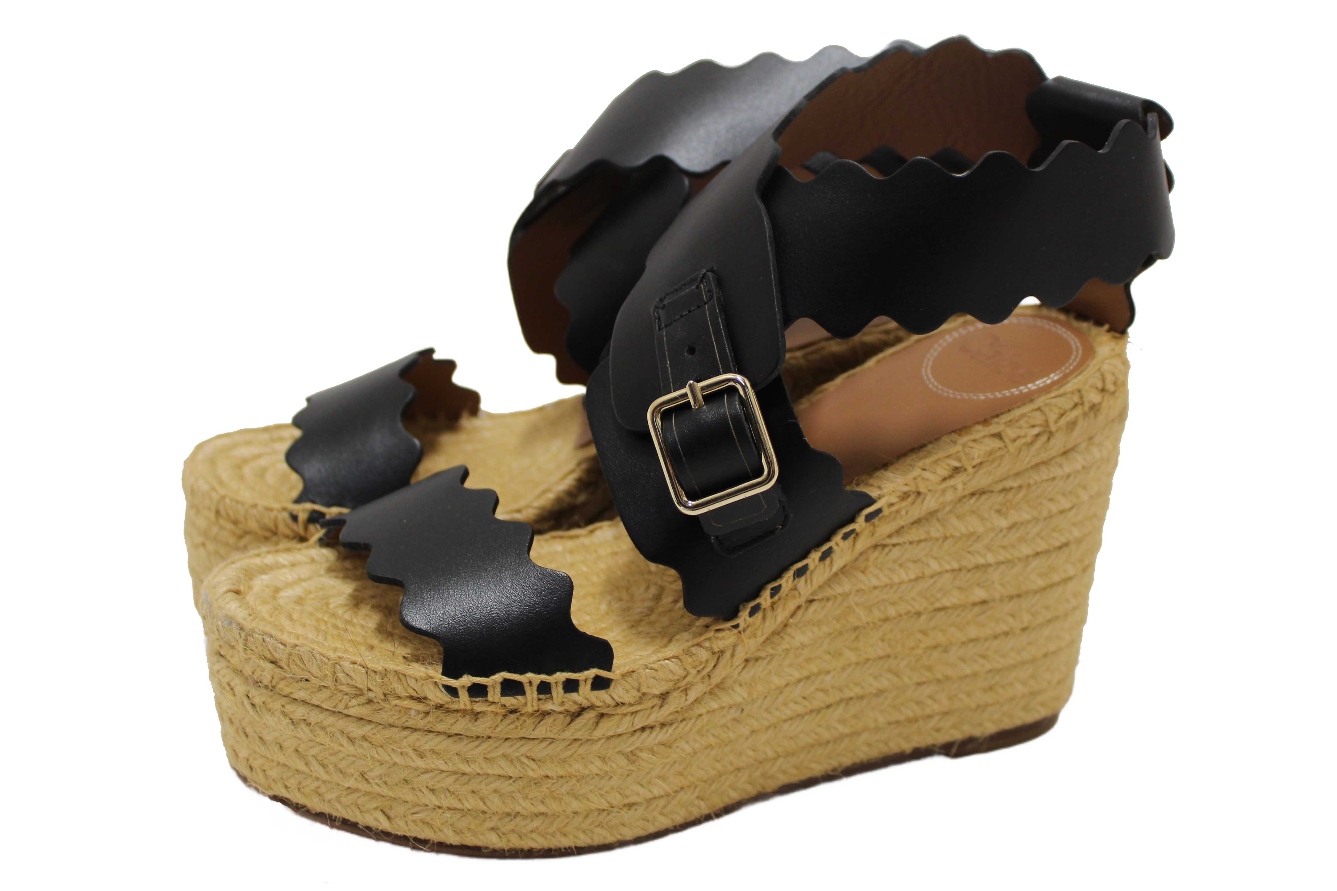 Authentic Chloe Black Nubuck Leather Lauren Wedge Espadrille