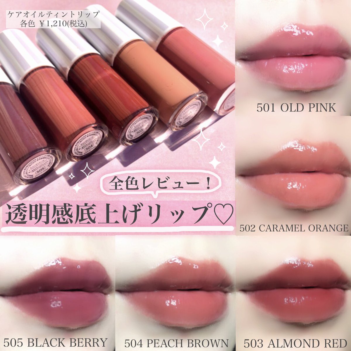 透明感底上げリップ💄 #全色レビュー 📸 ＼ #ケアオイルティントリップ