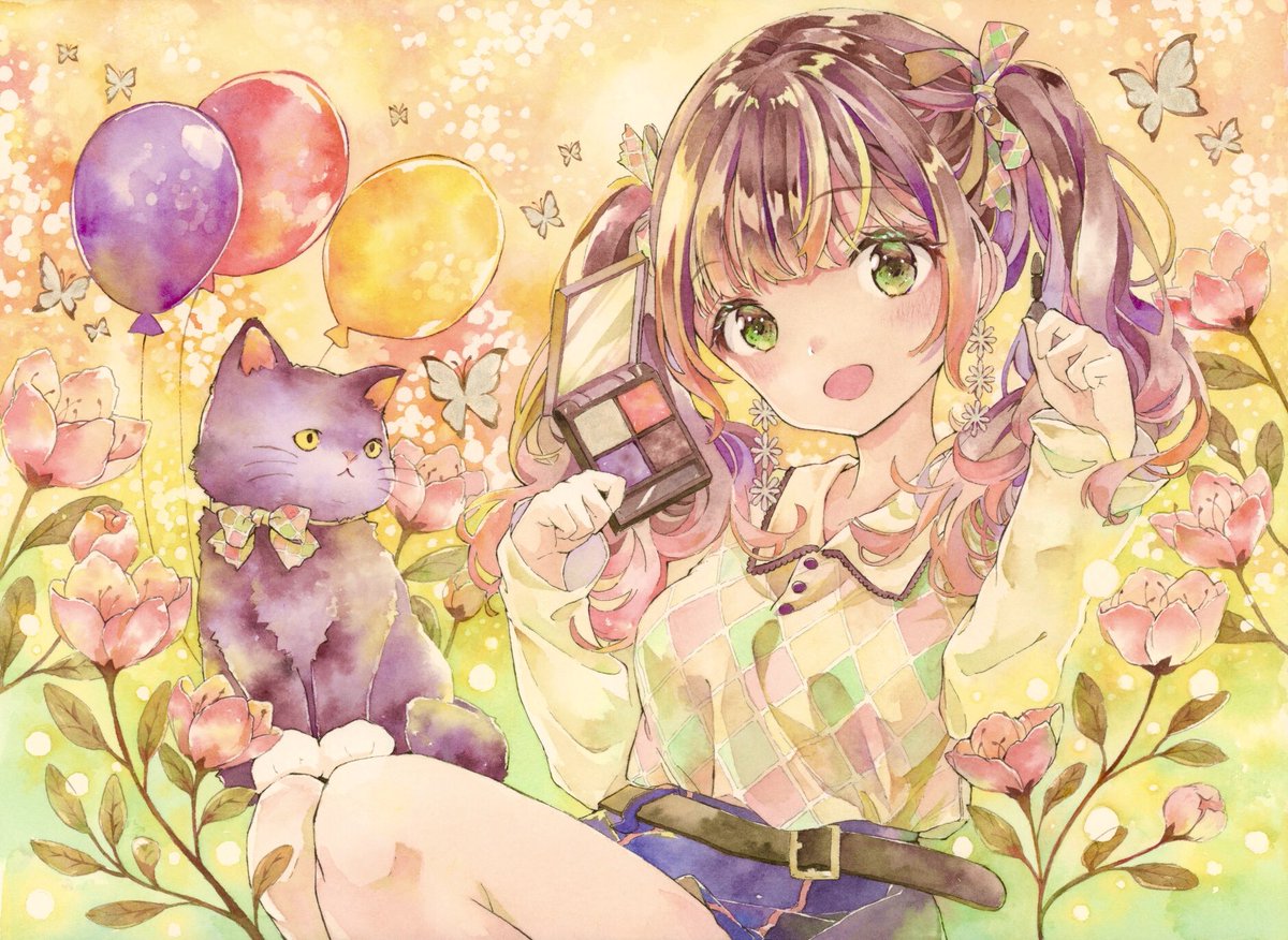 ツインテールの日 #透明水彩 22なのでにゃんにゃんの絵も🐱