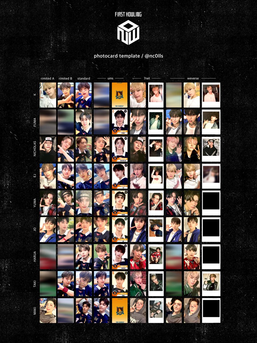 &TEAM 1st Album First Howling : NOW photocard list template