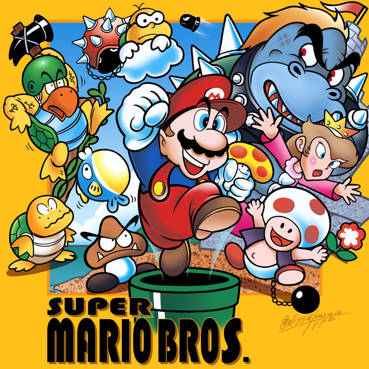 お絵描き、スーパーマリオブラザーズ。 スーパーキノコを手にして