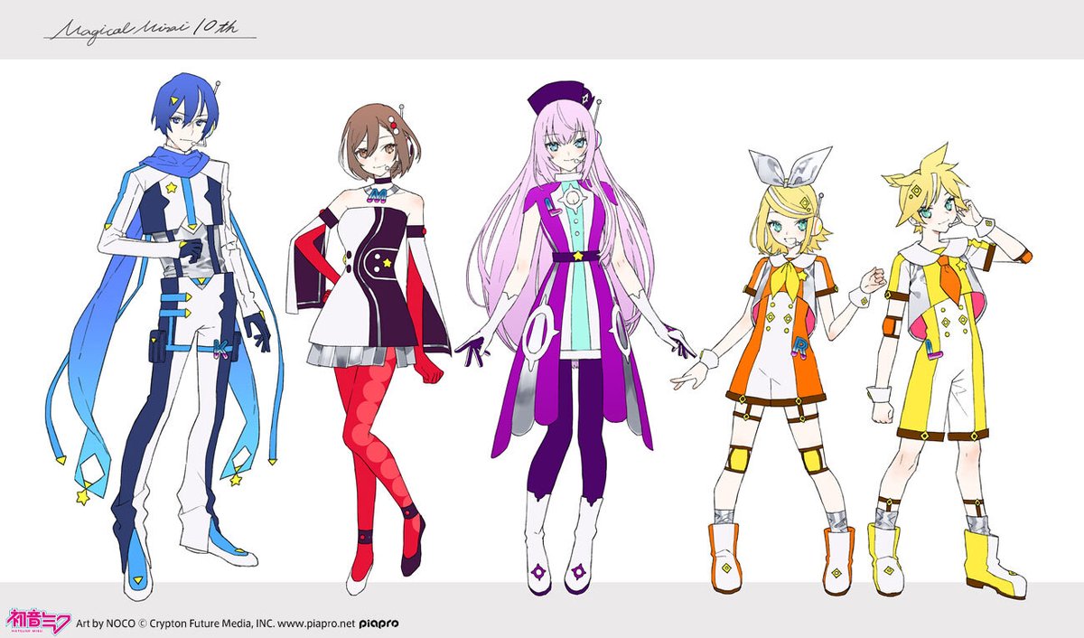 本日公式サイトにて、リン・レン・ルカ・KAITO・MEIKOの衣装が公開され