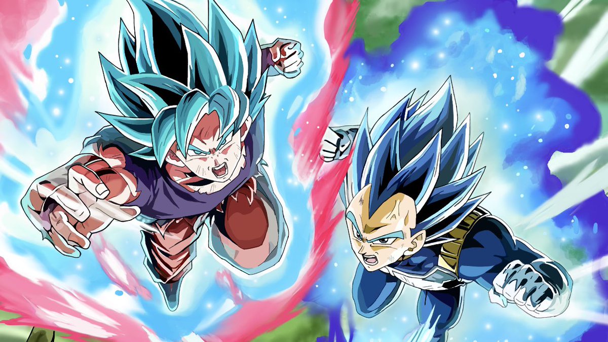 超サイヤ人ブルー界王拳孫悟空＆超サイヤ人ブルー進化ベジータ描いて