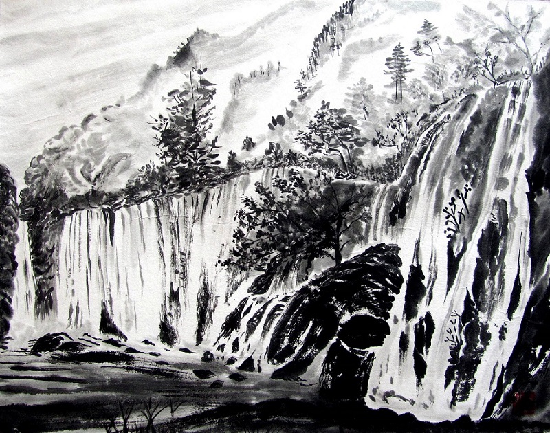 水墨画 滝と森林 木製フレーム付き 水墨画 滝と森林 木製フレーム付き