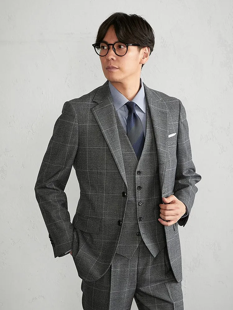 ウール混 セットアップ段返り3釦ジャケット グレンチェック グレー